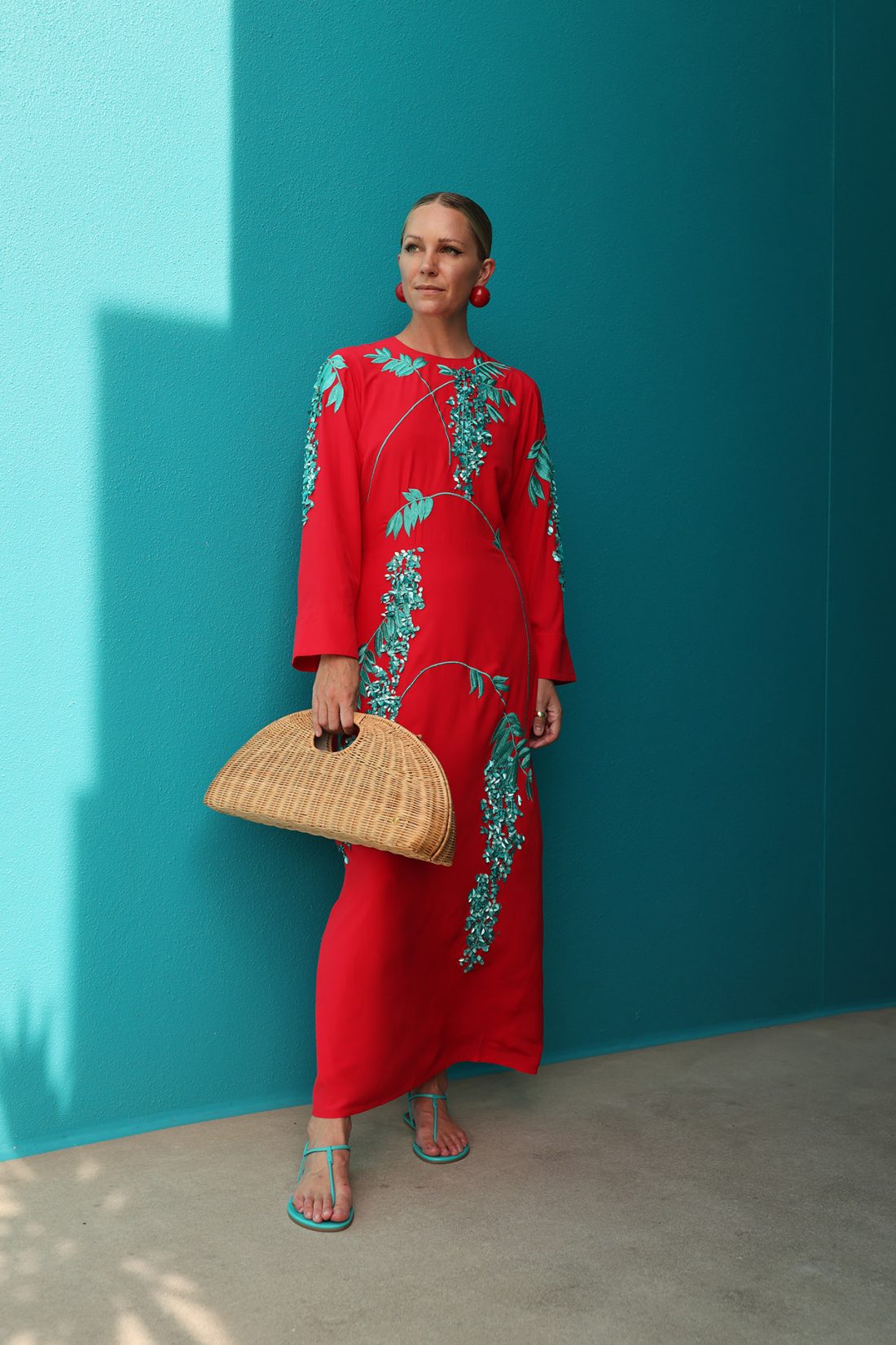 Bernadette embellished silk dress, wicker handbag, blair eadie