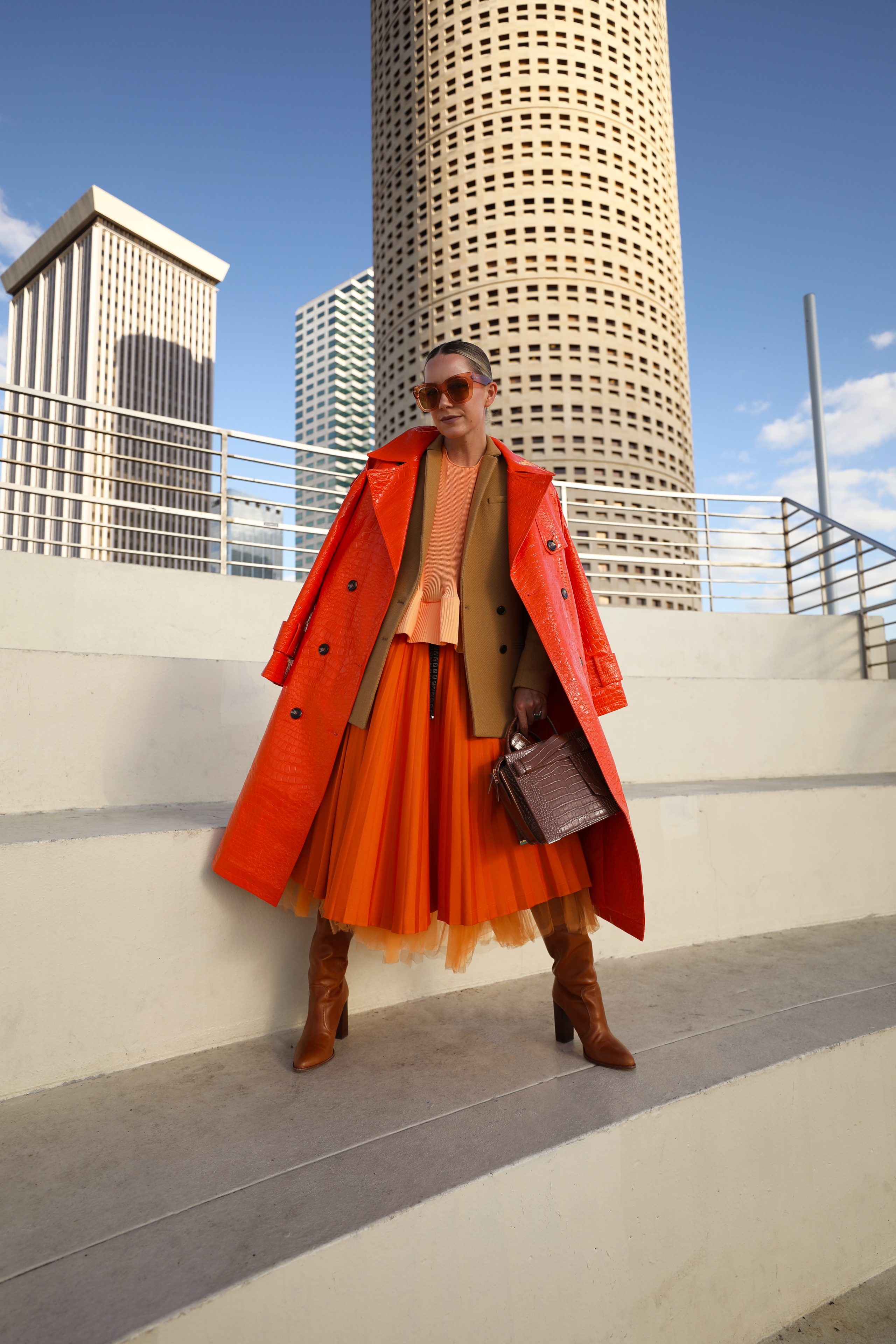 orange and tan outfit, how to wear orange, styling with color in winter, how to layer