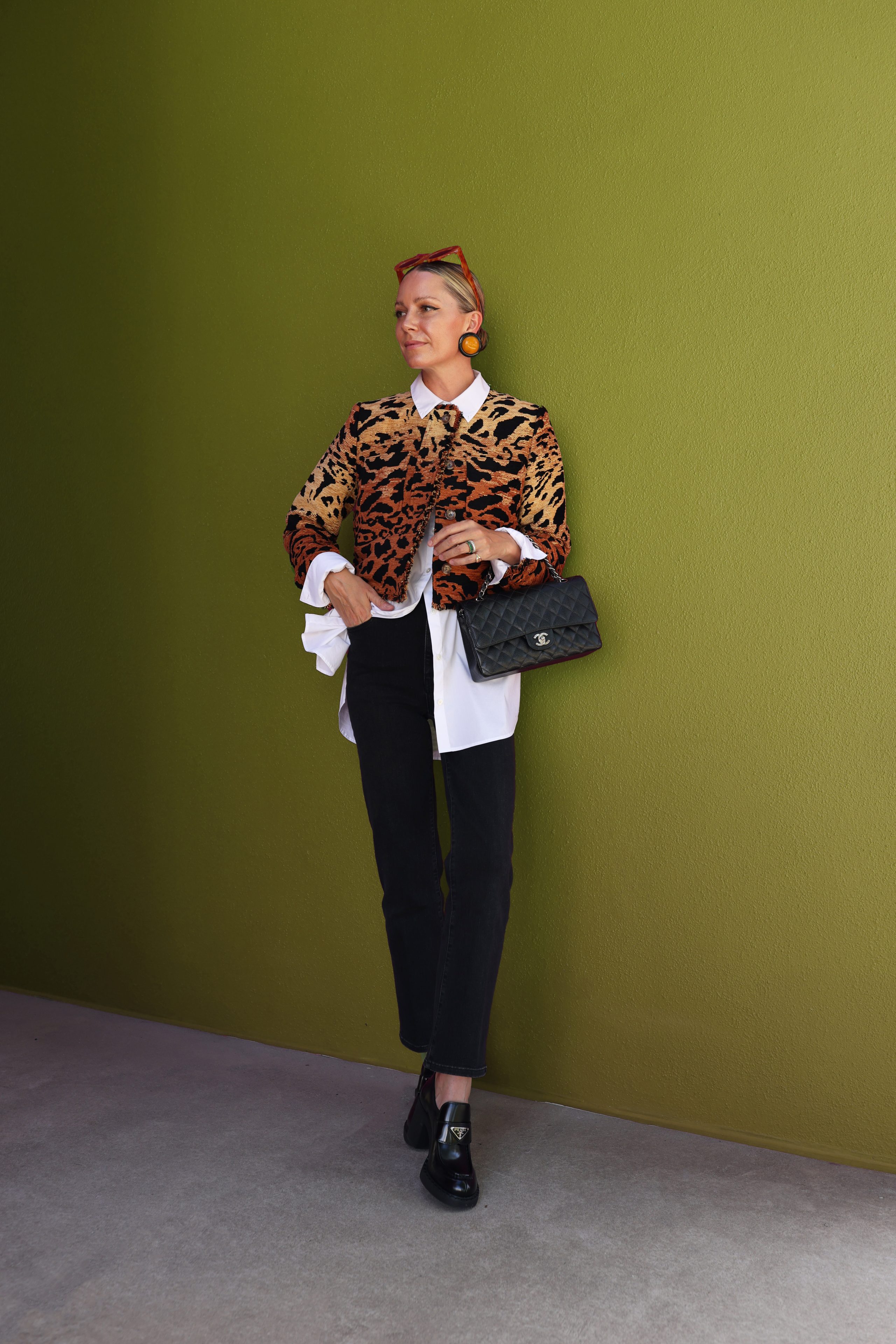 BER51211 prada black loafers, black jean look fall, loafers and denim, ulla johnson leopard jacket