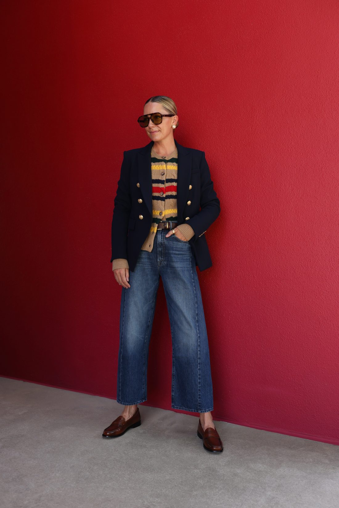 preppy look, barrel denim and loafers, how to style loafers, loafer outfit ideas, miller veronica beard blazer