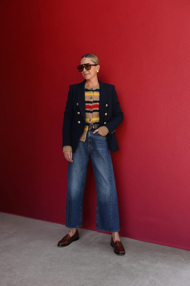 preppy look, barrel denim and loafers, how to style loafers, loafer outfit ideas, miller veronica beard blazer