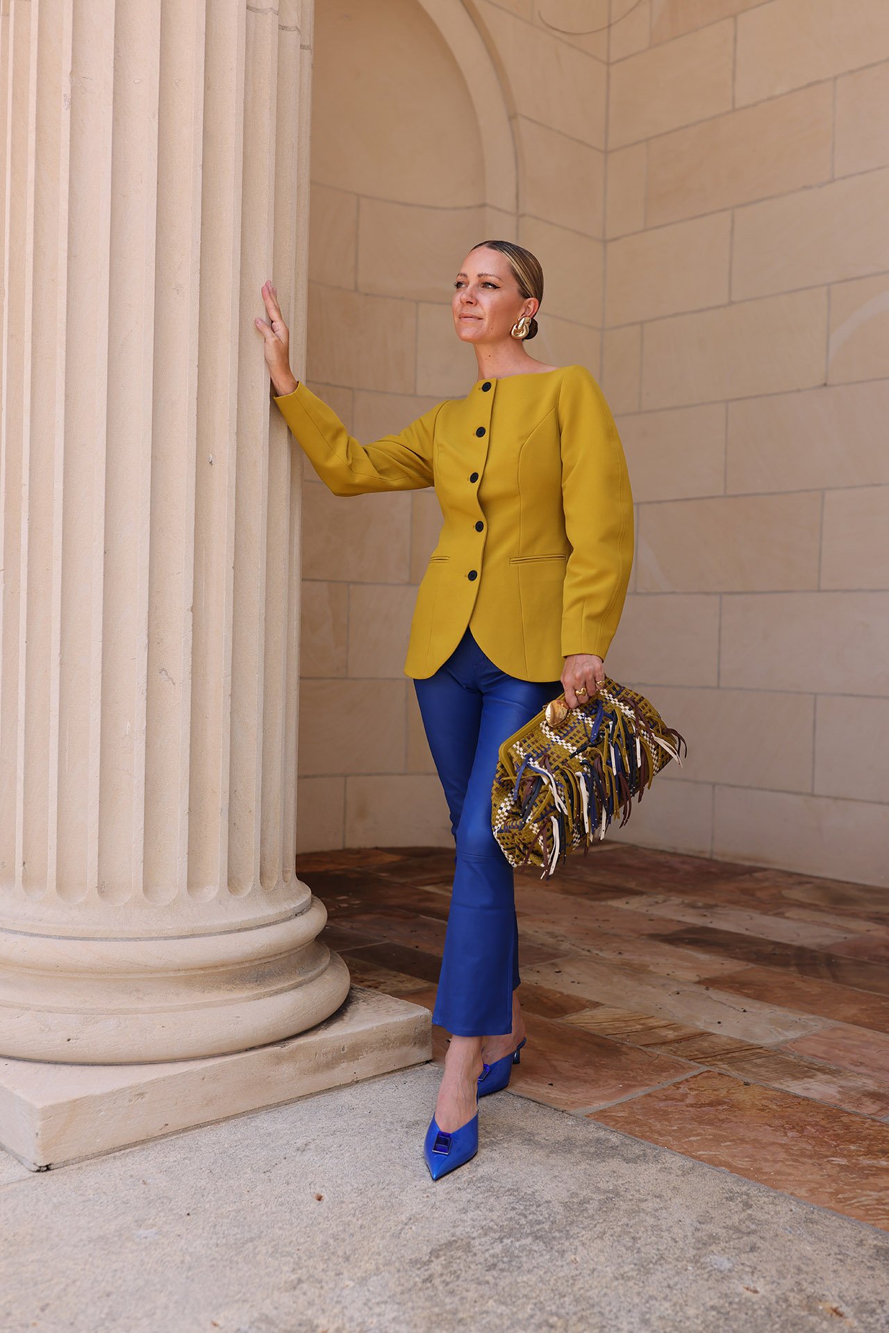transitional jackets, mustard aligne blazer, leather pants