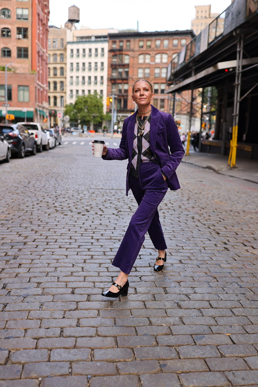 fall boden, cord suit, argyle cardigan