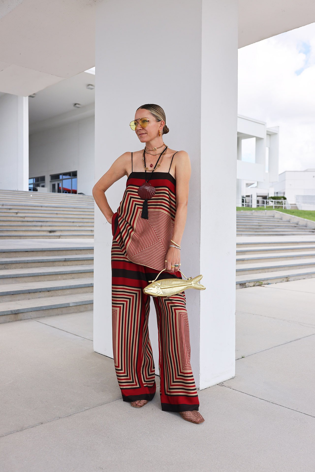 geometric pieces, geometric top, geometric pants, fish bag