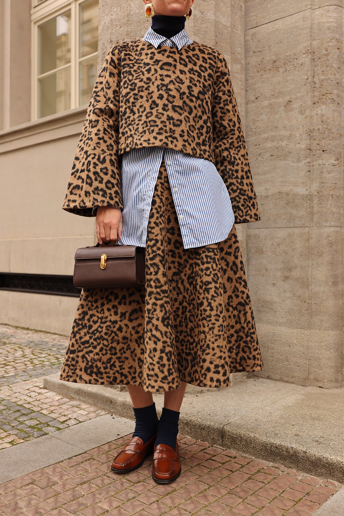 midi skirt and loafers, print on print look, how to style a midi skirt for fall