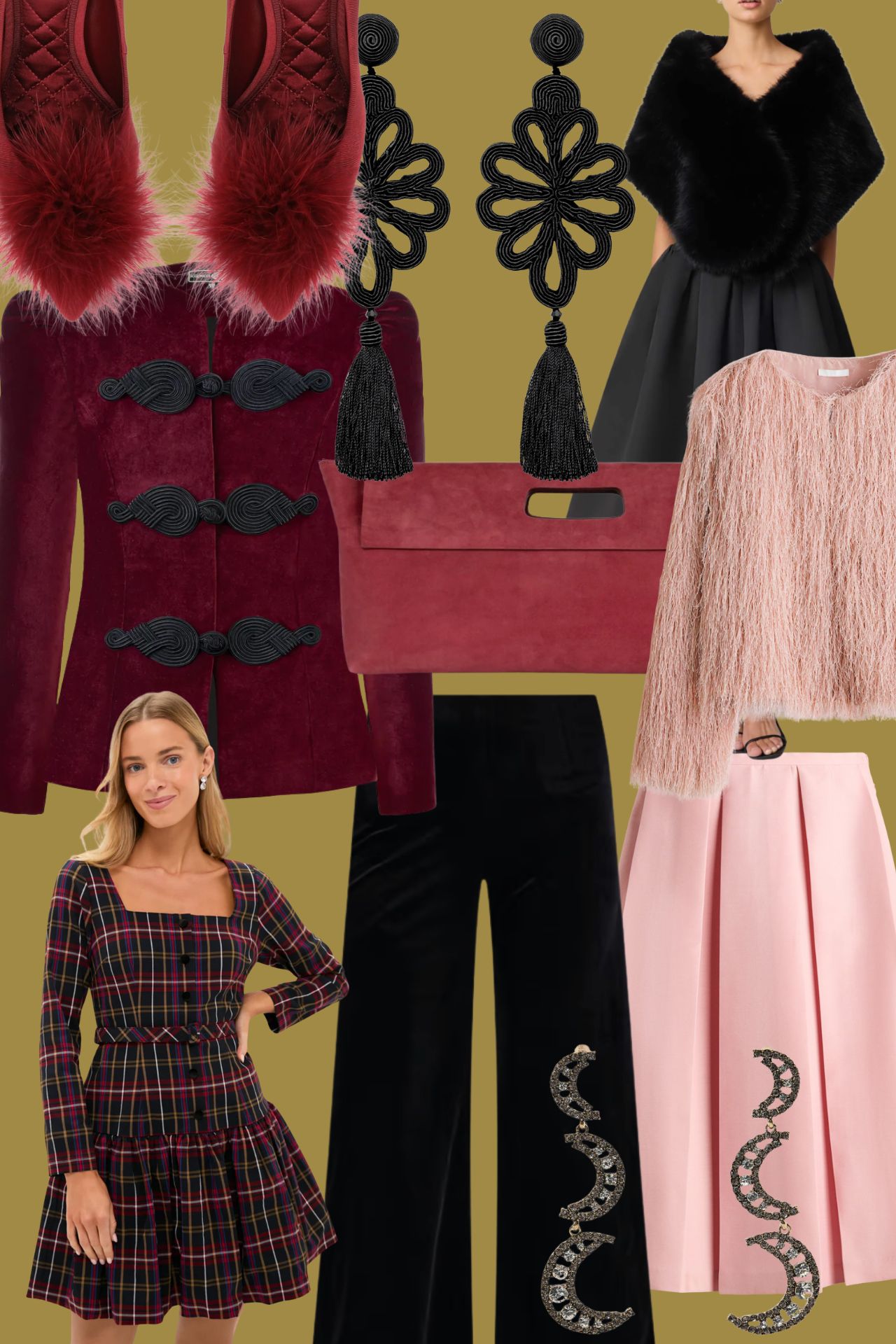 christmas outfit ideas, plaid holiday outfit, christams cocktail party look, how to style plaid