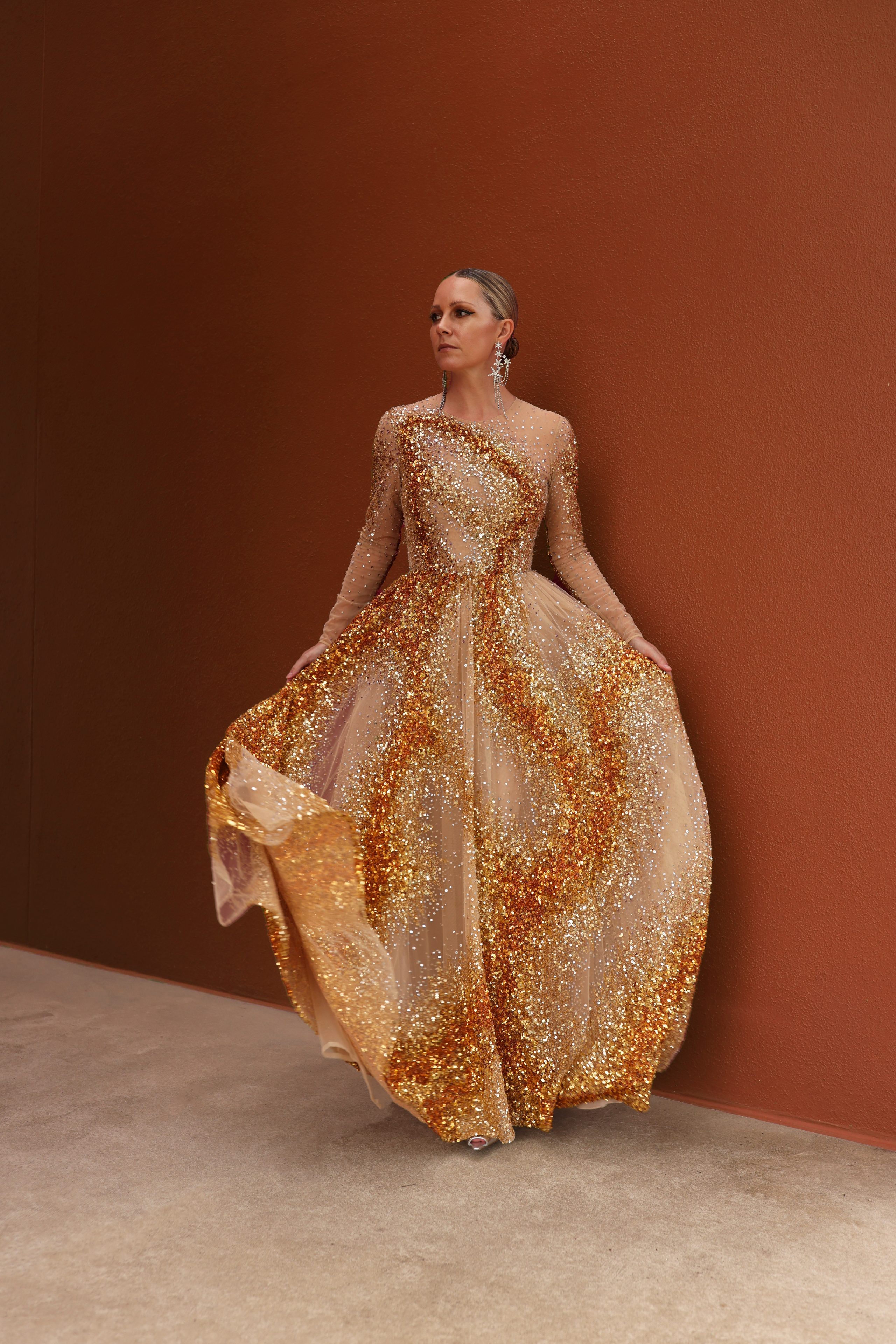 slim fit dress slacks Beutifull wedding party dress in skin golden color Model# P 1196 – Nameera  by Farooq main image 0