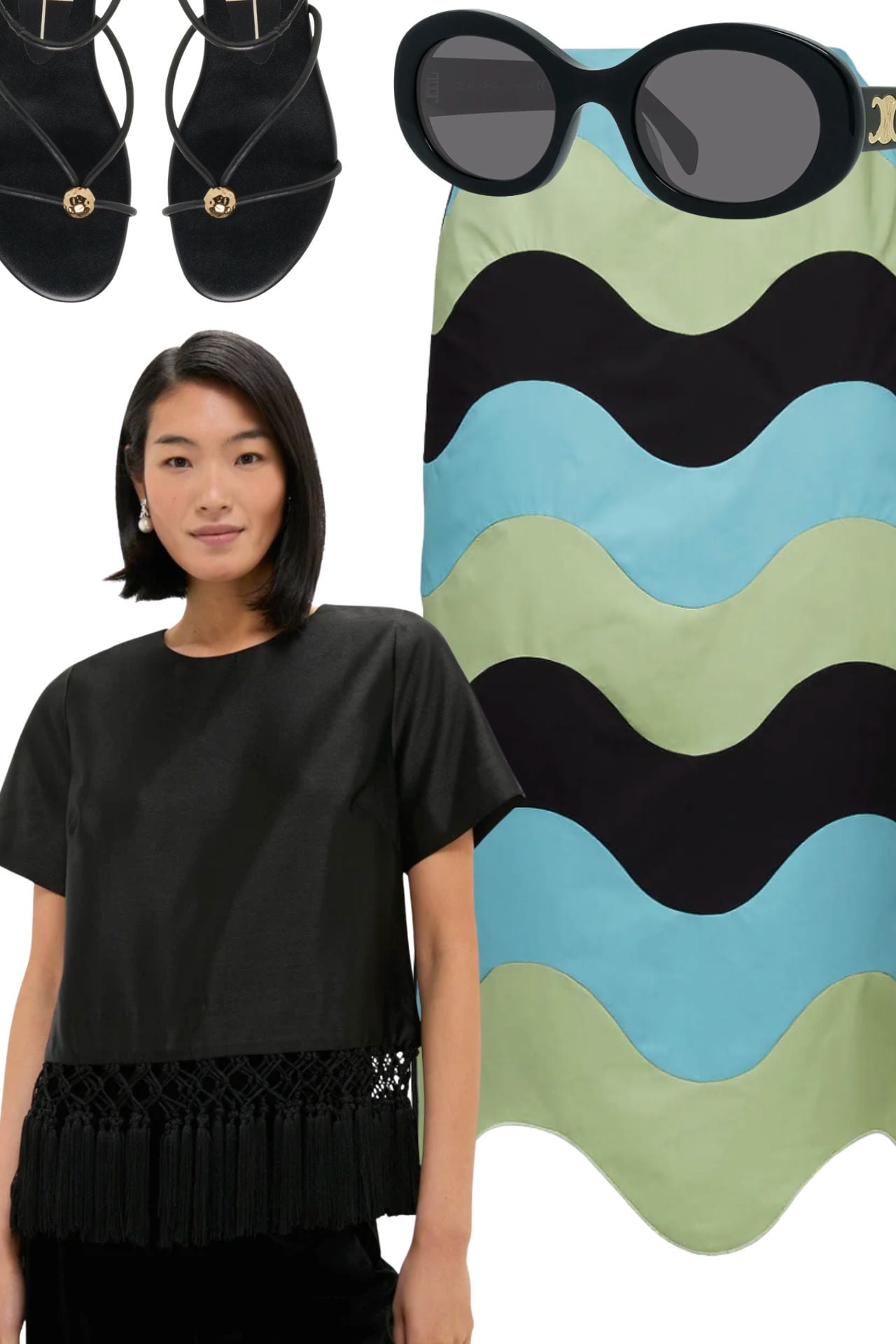 statement skirt outfit, tassel top, celine sunglasses 