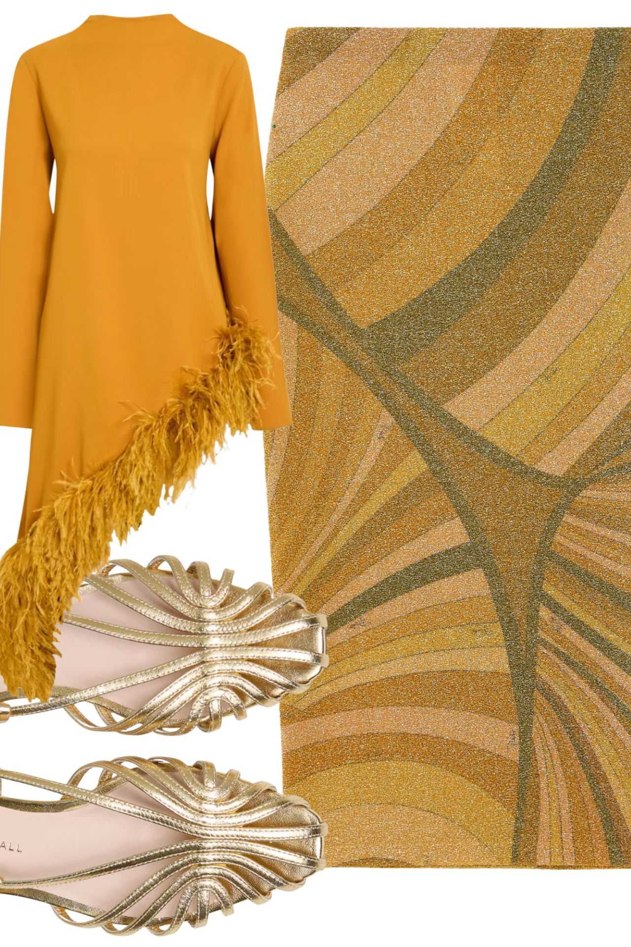 pucci pencil skirt, loffler randall gold sandal outfit idea, feather top, marigold styling