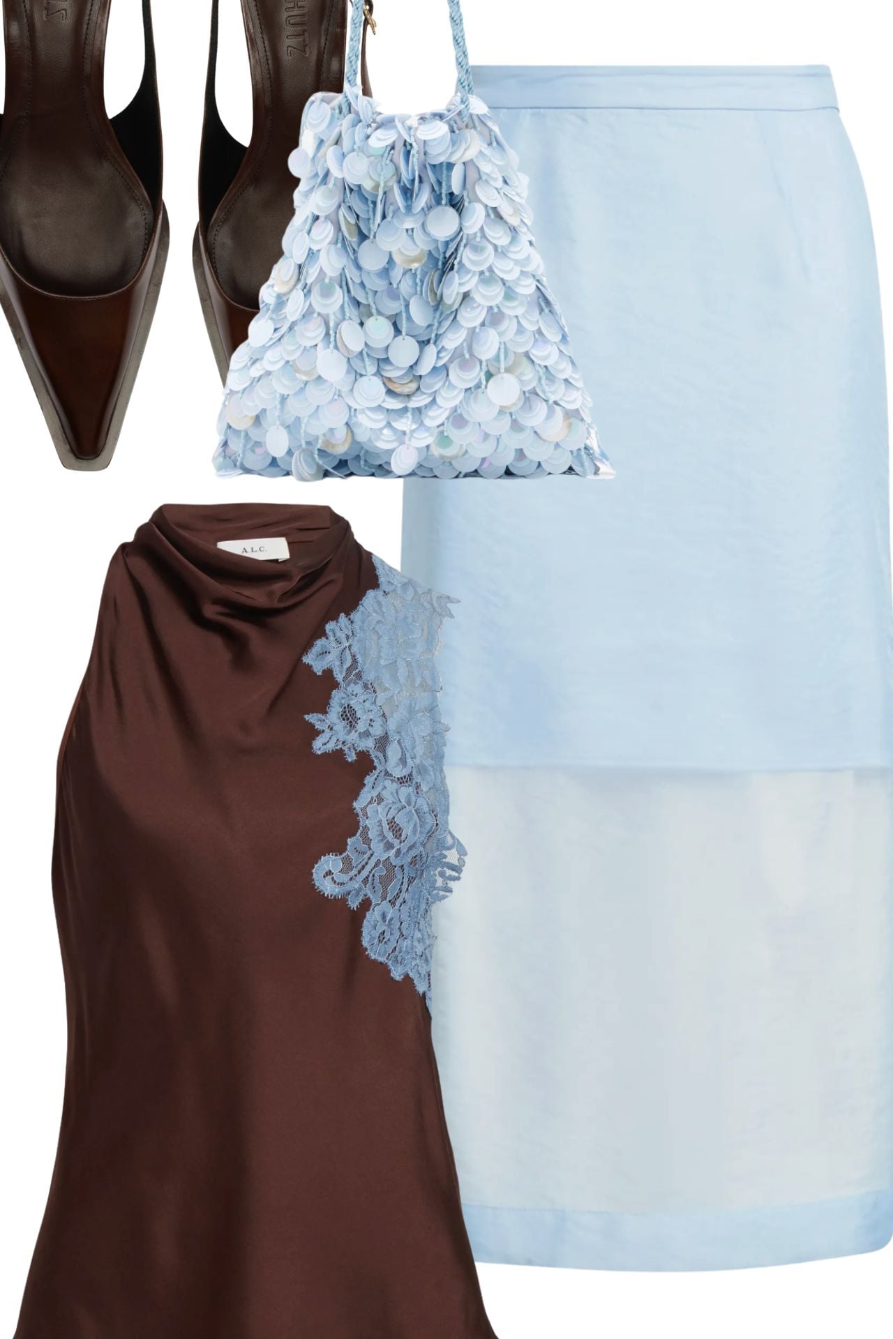 lace satin top, sheer pencil skirt outfit, brown and blue, lizzie fortunato shell gala bag